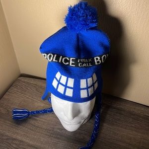 Dr Who TARDIS Knit Fleece Lined Tasseled Pompom Hat Color Blue